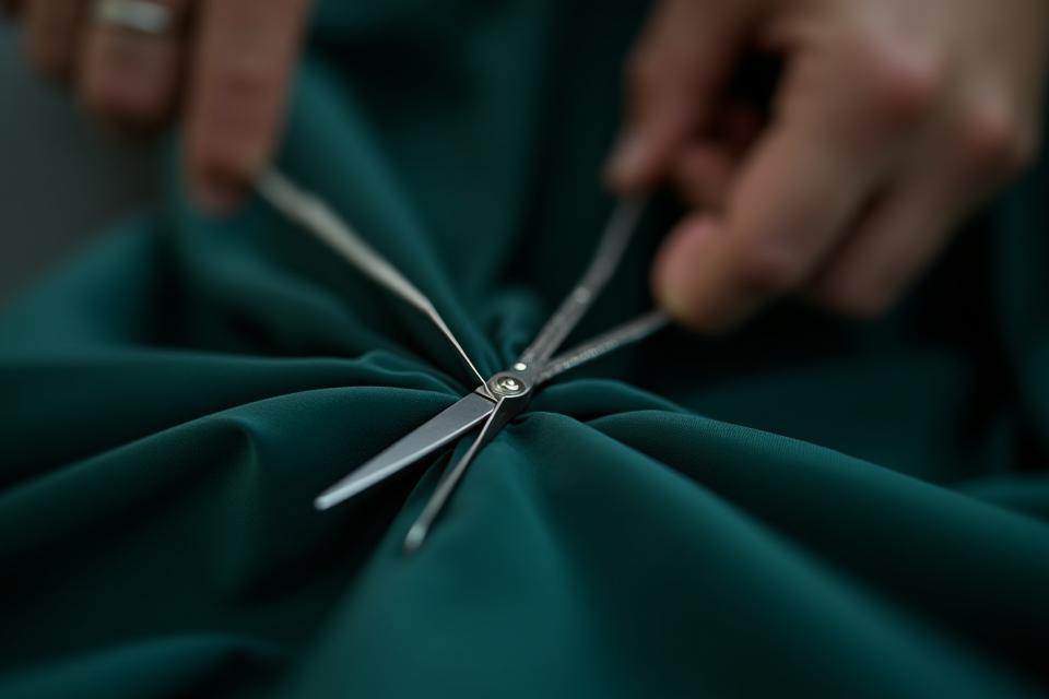 Close-up of tailoring scissors cutting elegant fabric, symbolizing precision and craftsmanship at Vastram Creations.