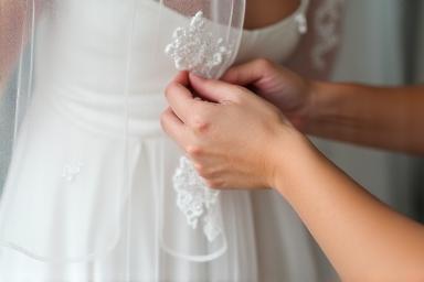 Image of bridal veil adjustment being made.