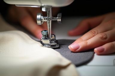 Detail of clothing alteration work on a garment using a sewing machine.