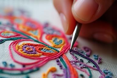 Close-up image showing intricate embroidery work being done on fabric.